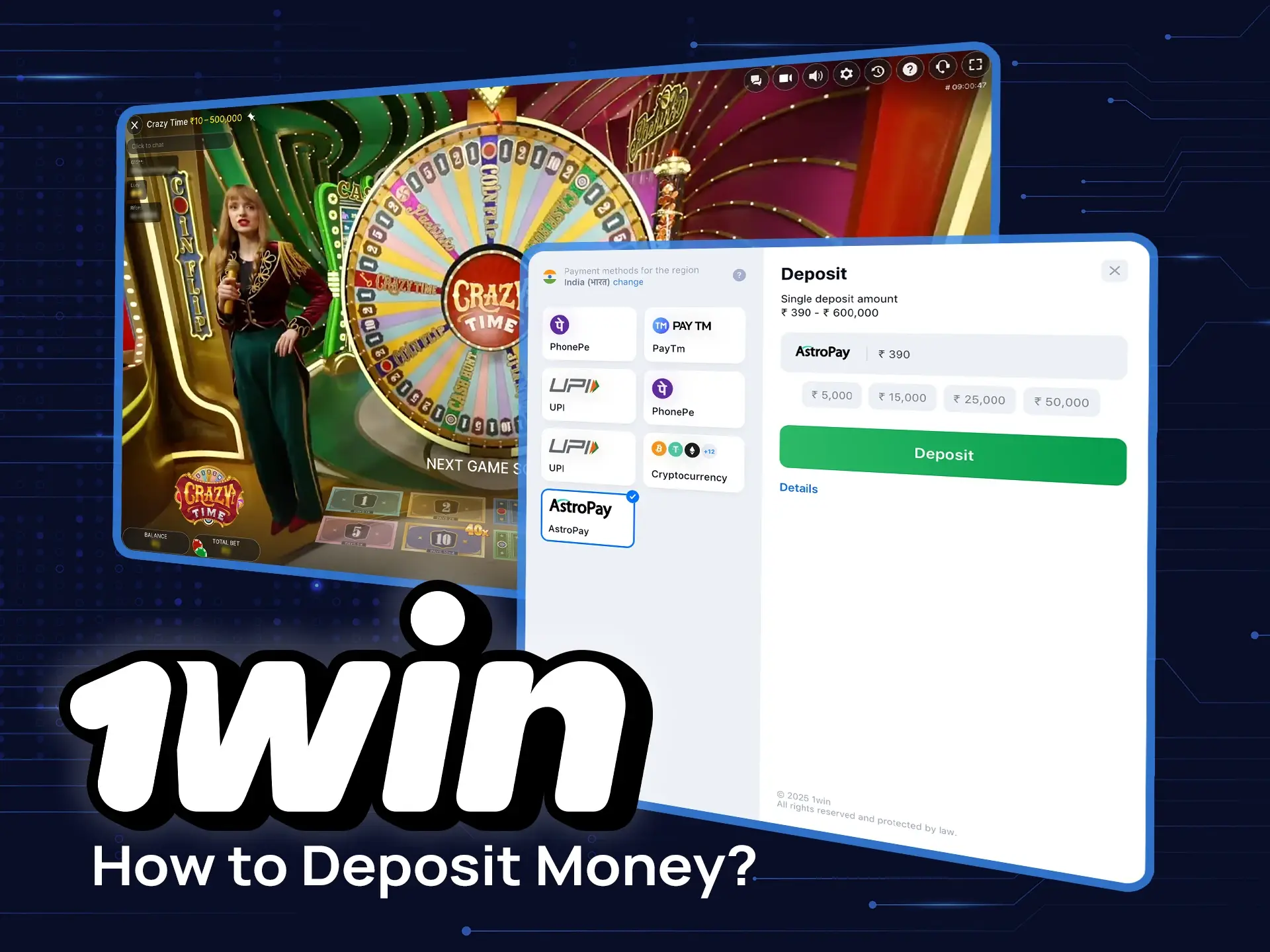 Read how easy it is to deposit to play Crazy Time at 1win.